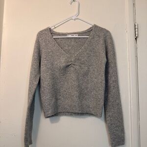 Mango Gray V-Neck Cinched Knit Sweater | Soft Coquette Minimalist Aesthetic
